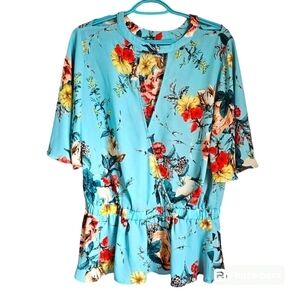 Flowy blue floral tropical blouse faux wrap size L